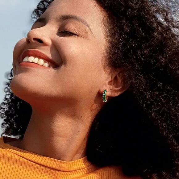 14K Yellow Gold 925 Sterling Silver Emerald Green Cubic Zirconia Huggie Earrings - Picture 6 of 7